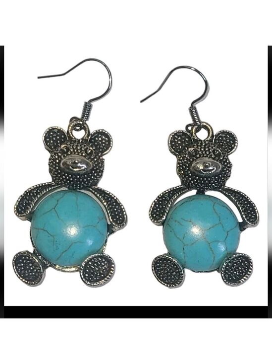 Jewelry - Turquoise & Silver Tone Teddy Bear Dangle Earrings